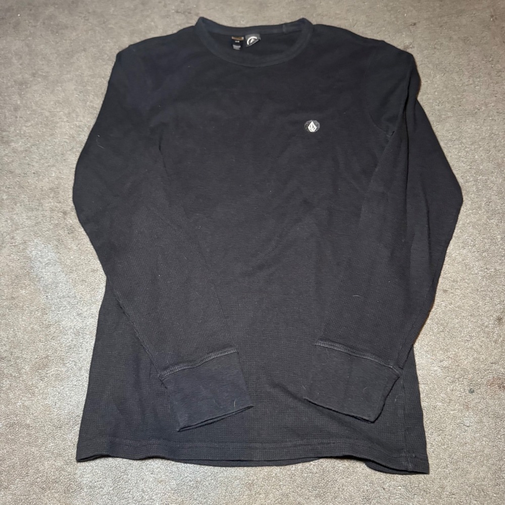 Volcom Mens Black Waffle Knit Thermal Long Sleeve Shirt Stone Logo Crewneck M